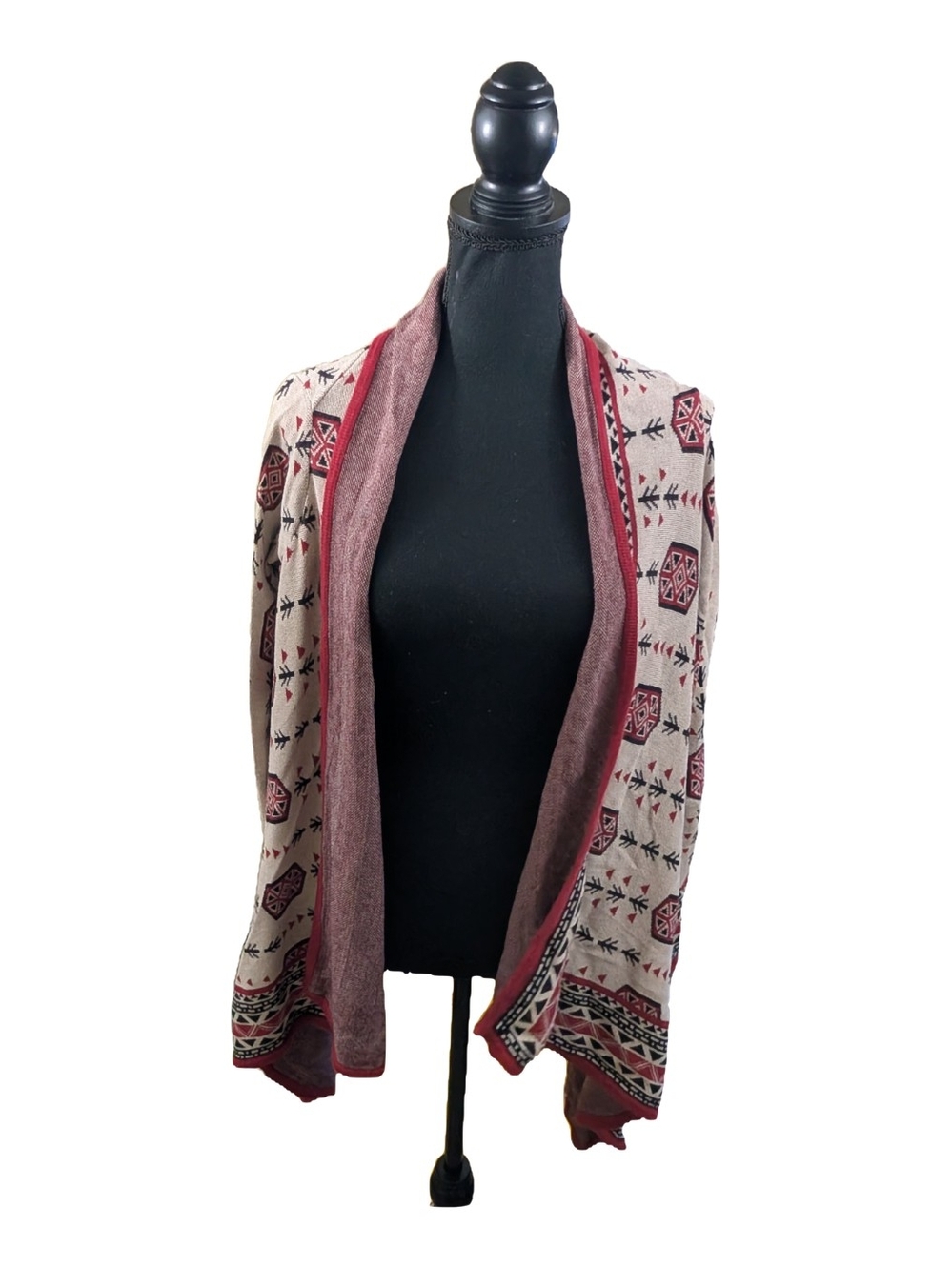 H&M Burgundy and Cream Patterned Open-Front Cardigan